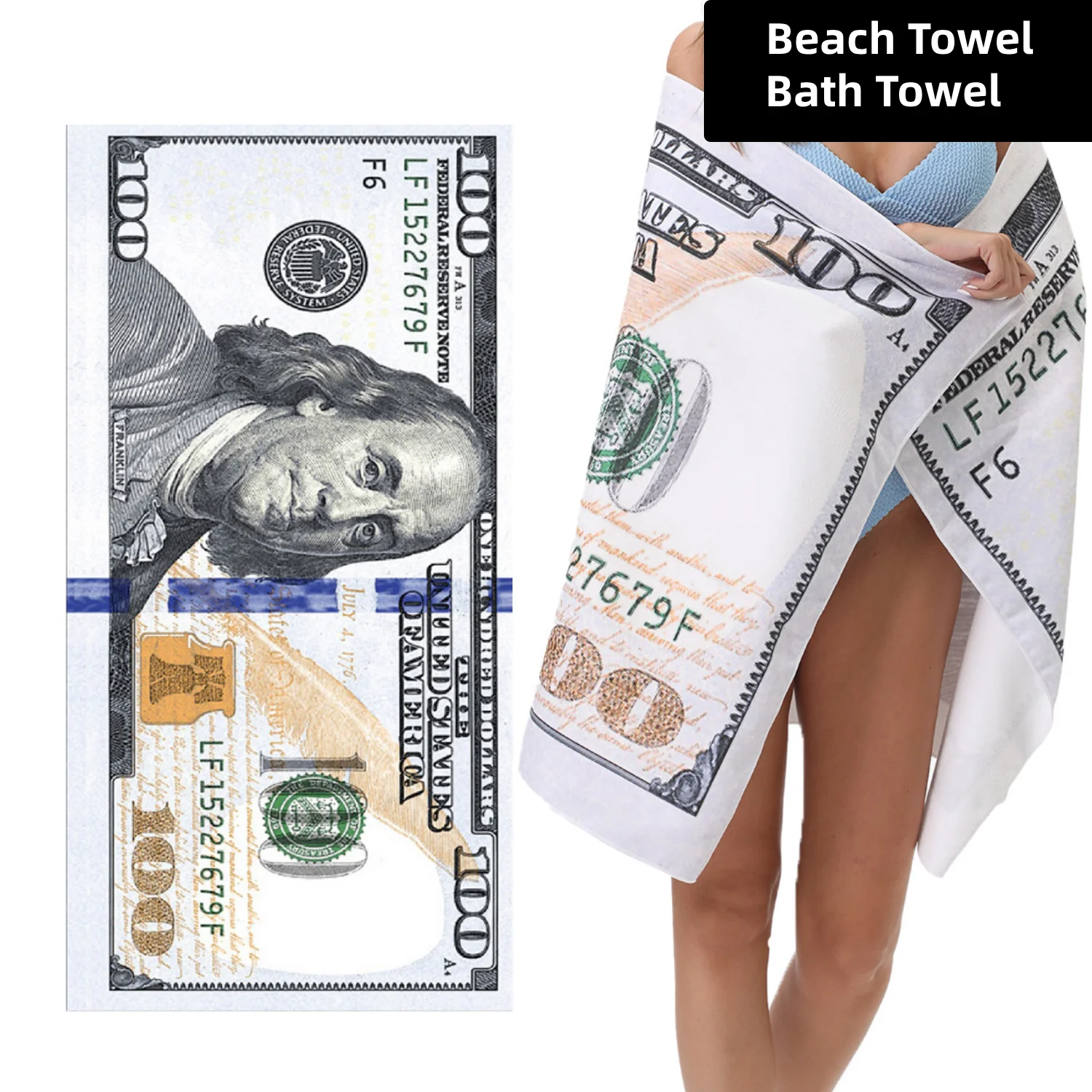 Dollar Bill Beach Towel, Quick-drying, 100 USD, Microfiber