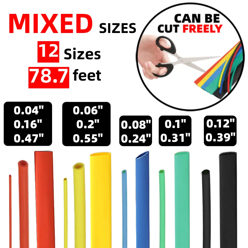 78.7Ft Heat Shrink Tube, 12 Mixed Sizes, 2:1 Shrink, Multiple Colors, Can Be Freely Cut, Insulation Sealing