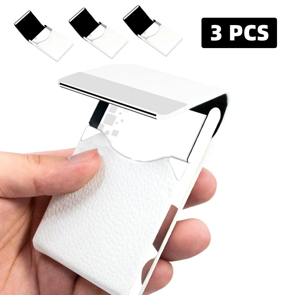 3 PCS Magnetic Business Card Holder, Credit Card Case with Magnetic Shut, White, PU Leather and Stainless Steel