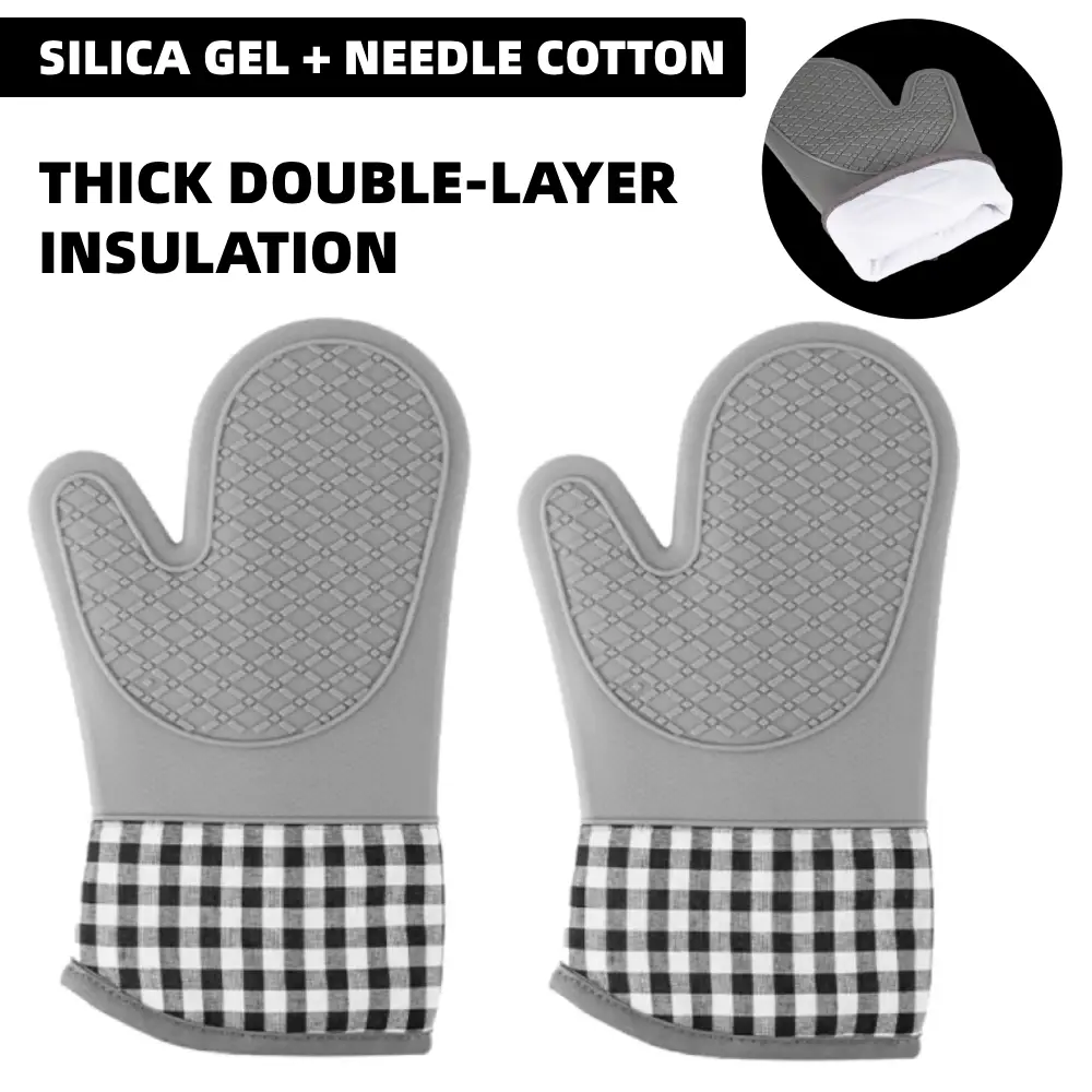 2 PCS Silicone Oven Mitts, Cotton-Lined, Heat and Slip Resistant, Thickened, Waterproof, Grey
