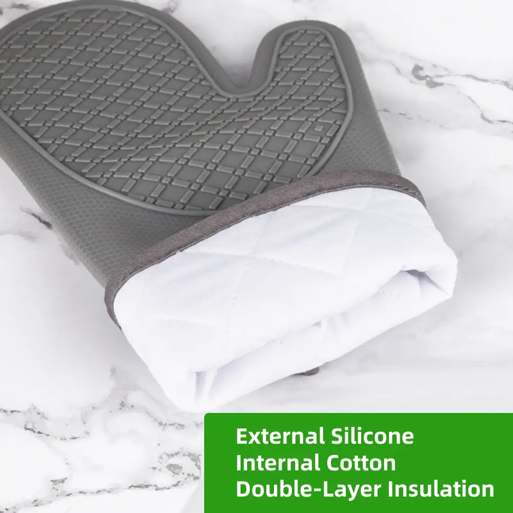 2 PCS Silicone Oven Mitts, Cotton-Lined, Heat and Slip Resistant, Thickened, Waterproof, Grey