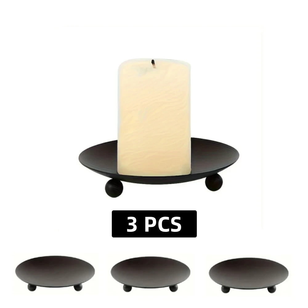3 PCS Plate Candle Holder, 4.5 inch, Black, Iron