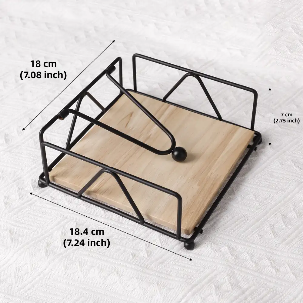 Square Napkin Holder, Black, Iron and Wood Materials