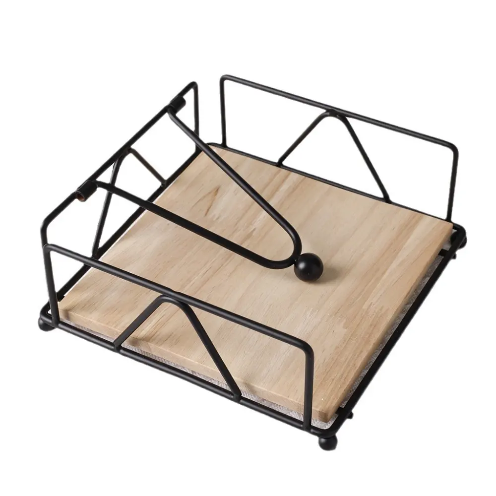 Square Napkin Holder, Black, Iron and Wood Materials