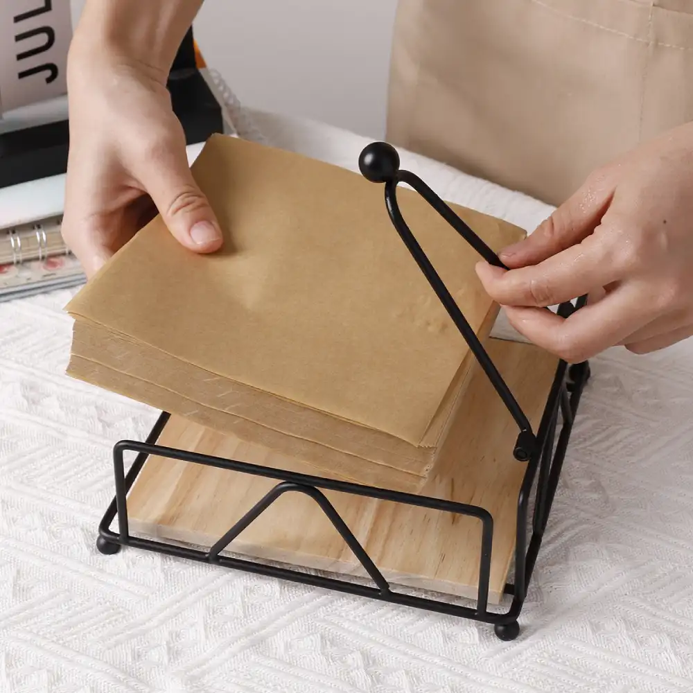 Square Napkin Holder, Black, Iron and Wood Materials