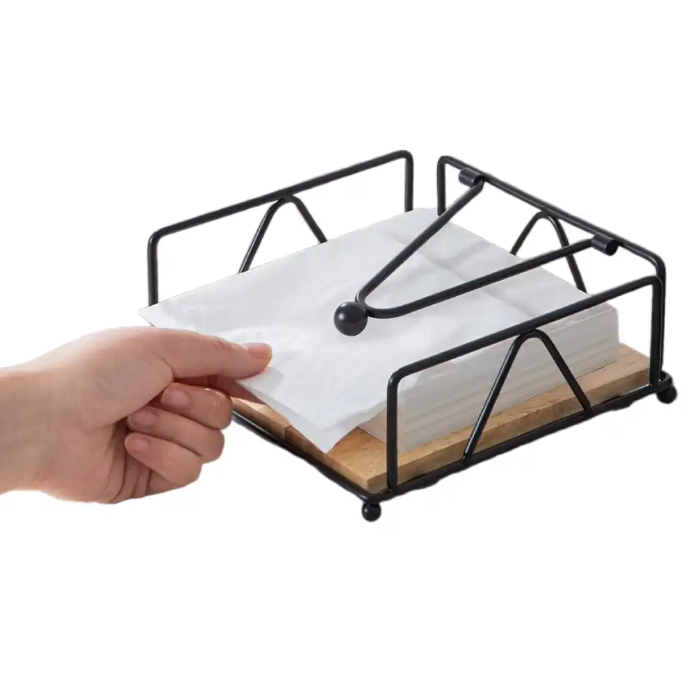 Square Napkin Holder, Black, Iron and Wood Materials
