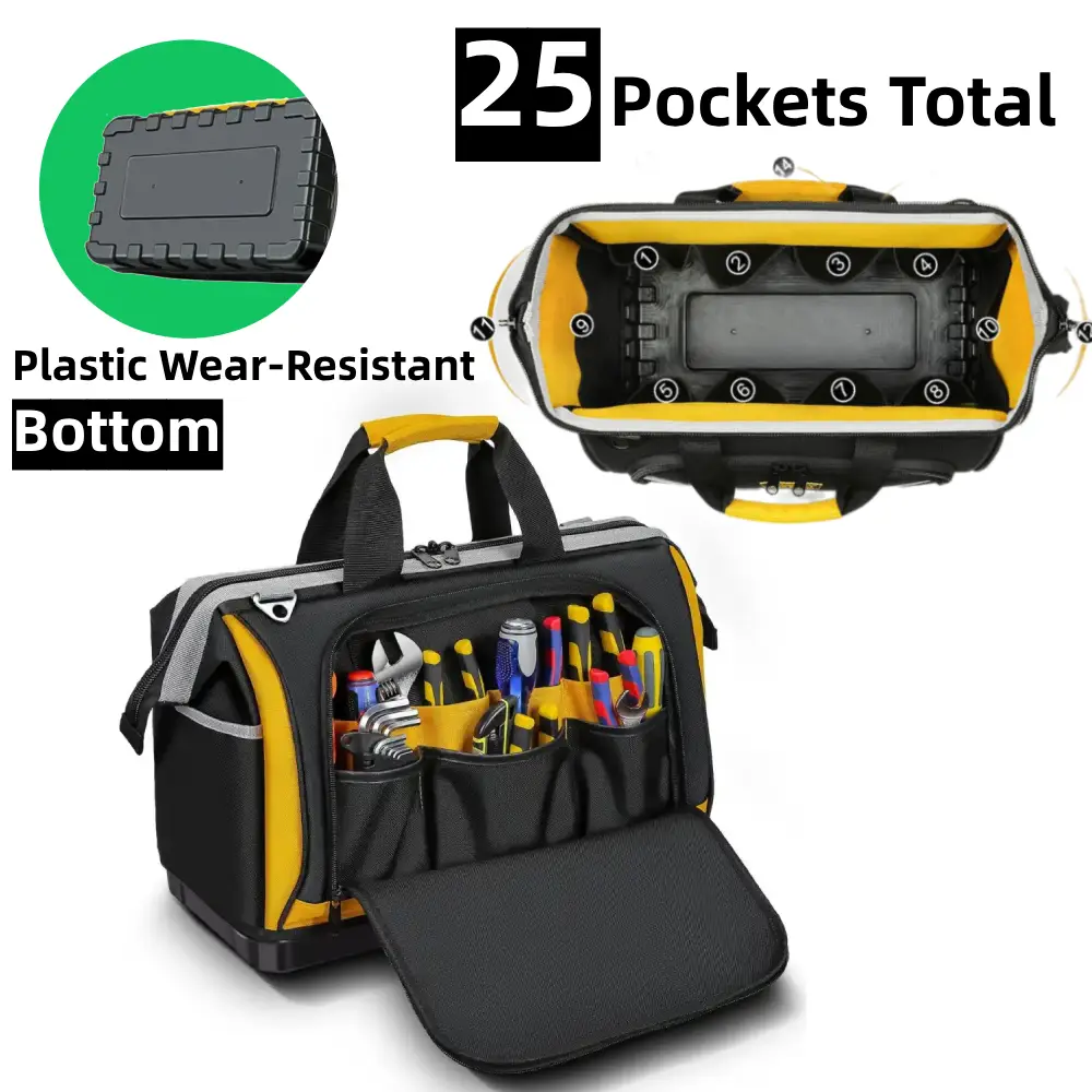 Electrician Tool Bag, 25 Pockets Multi-Layer, Plastic Hard Bottom Tray, 16-inch, with Shoulder Strap