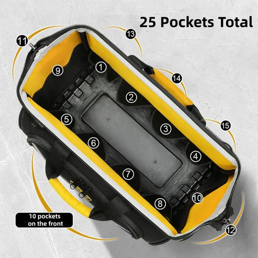 Electrician Tool Bag, 25 Pockets Multi-Layer, Plastic Hard Bottom Tray, 16-inch, with Shoulder Strap