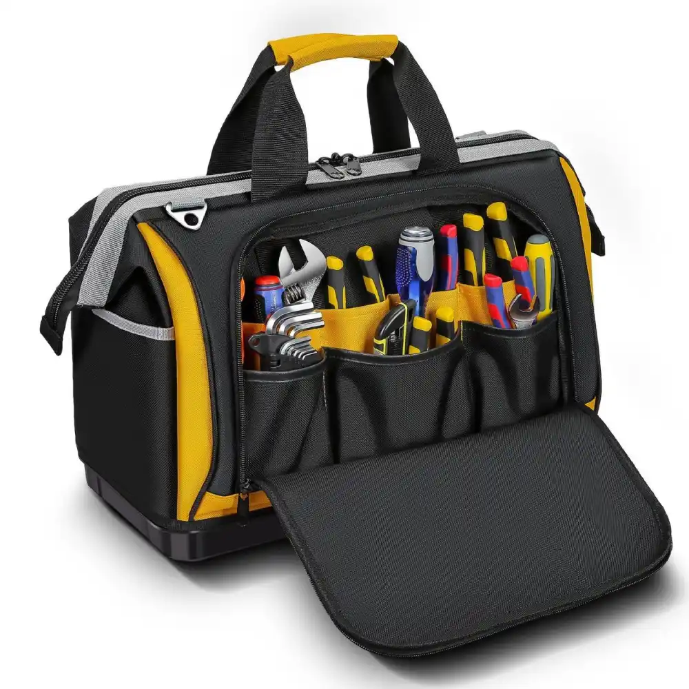 Electrician Tool Bag, 25 Pockets Multi-Layer, Plastic Hard Bottom Tray, 16-inch, with Shoulder Strap