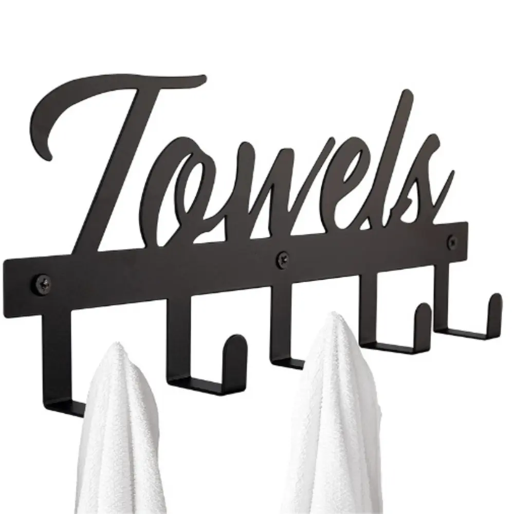 Towel Rack for Wall Mount, 5 Hooks Black Metal, for Bathroom