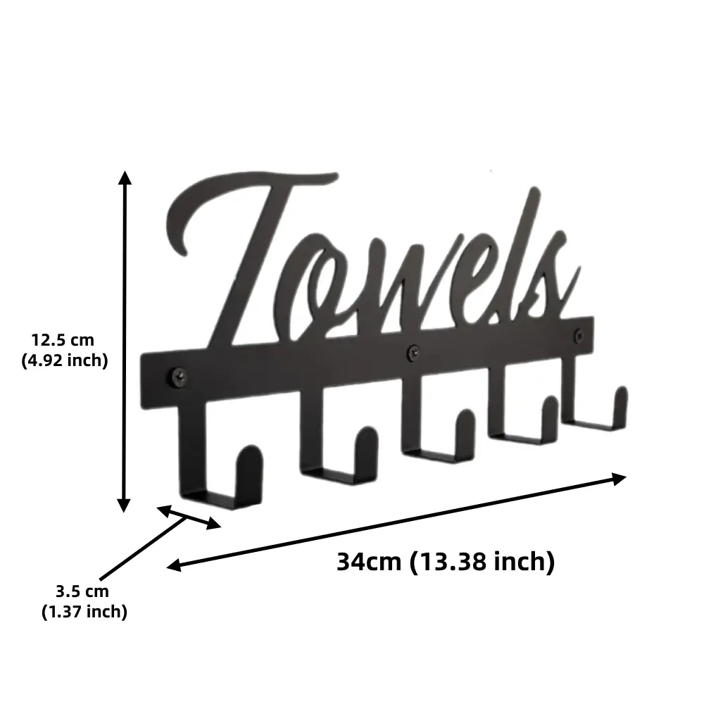Towel Rack for Wall Mount, 5 Hooks Black Metal, for Bathroom