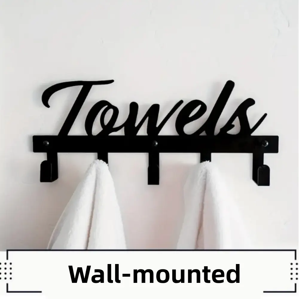 Towel Rack for Wall Mount, 5 Hooks Black Metal, for Bathroom